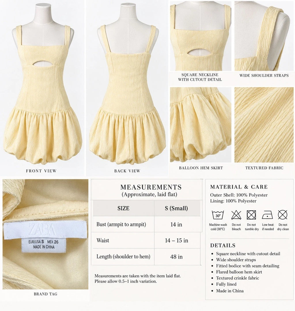 ZARA Yellow Crinkle Textured Cut-Out Square Neck Lined Mini Dress Size S