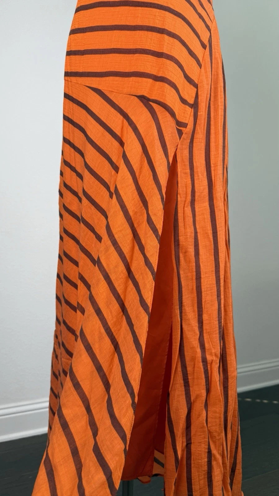 Women’s Orange Black Striped Cowl Neck Backless Maxi Dress Side Slit Size M