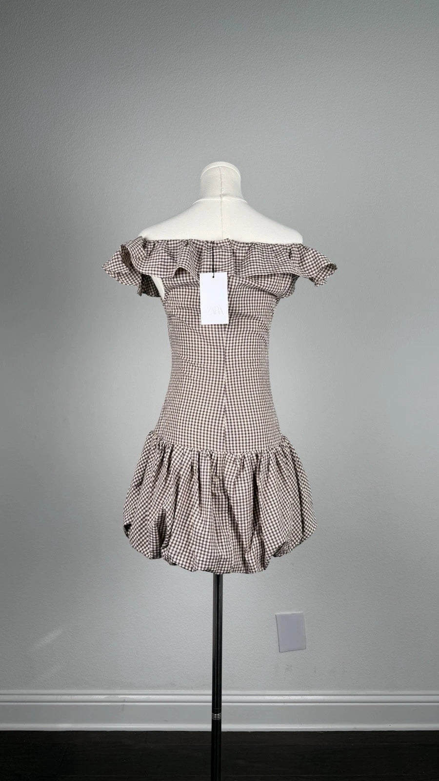 ZARA Brown/White Gingham Off Shoulder Ruffle Lined Mini Dress Size S 2180