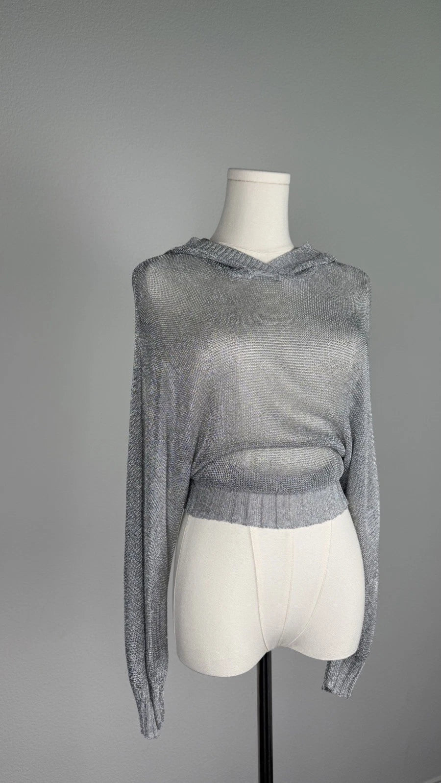ZARA Metallic Silver Open Knit Cropped Hoodie Sweater Size S