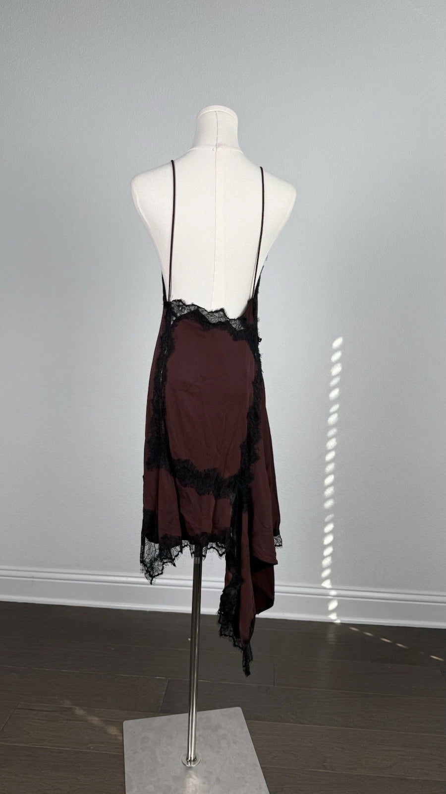 ZARA Women's Brown Solid Full Slip Dress Lace Accents Asymmetrical Hem M