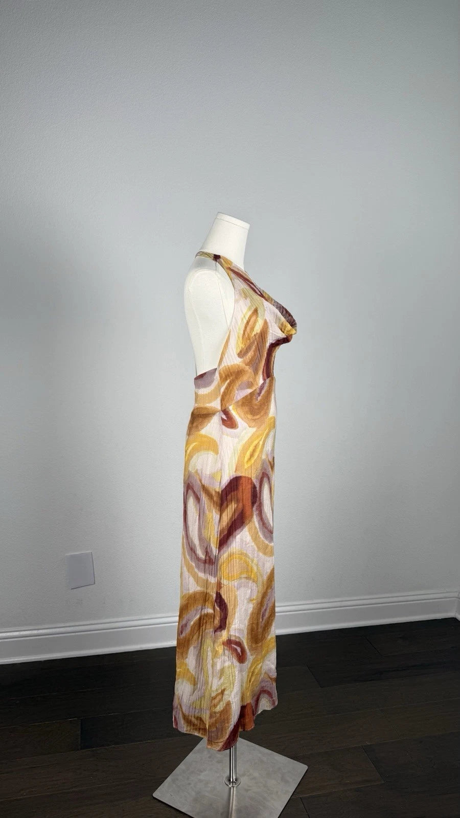 ZARA Abstract Print Cowl Neck Crochet Back Lined Maxi Dress Multicolor S