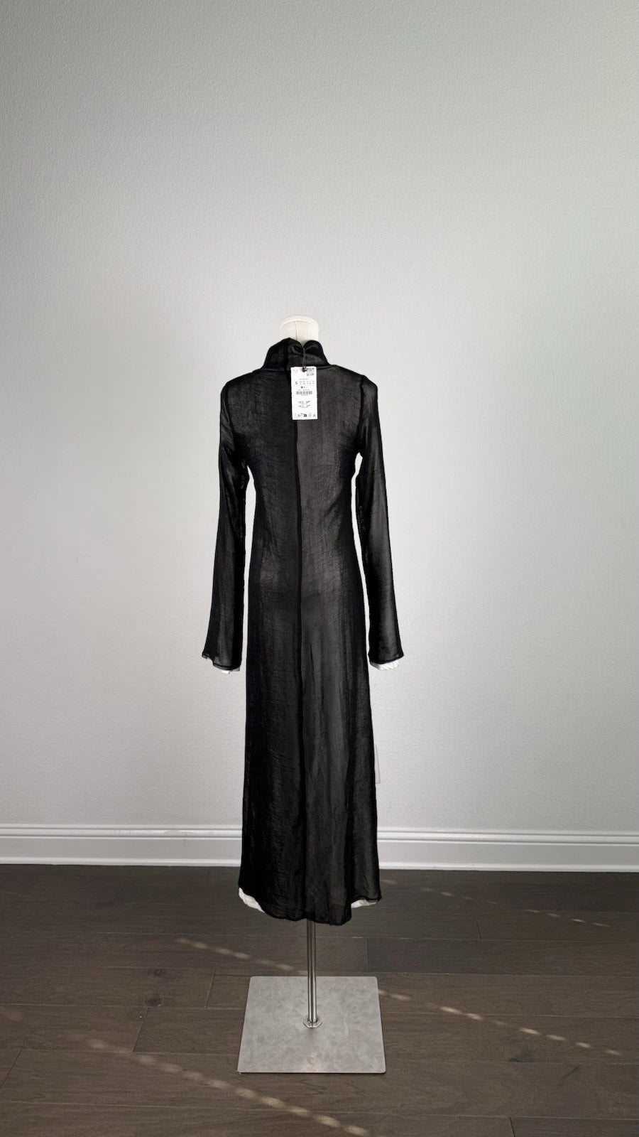 ZARA Black Turtleneck Sheer Lined Maxi Dress Bell Sleeve Size S 2298/001/064