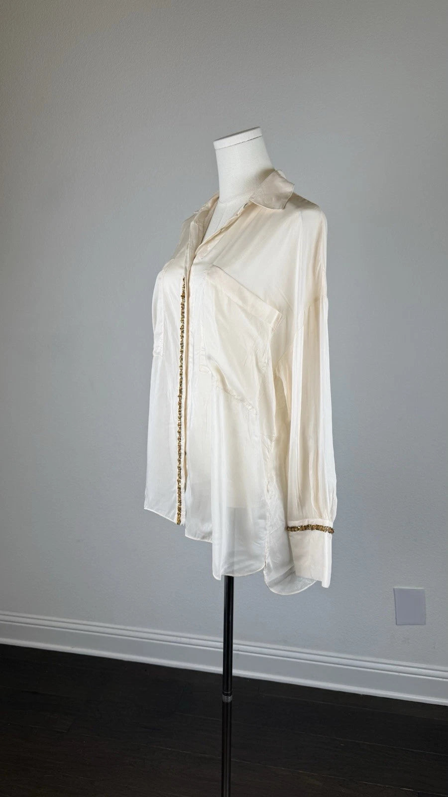ZARA Women’s Ivory Sheer Collared Button-Up Blouse Viscose Long Sleeve Size S