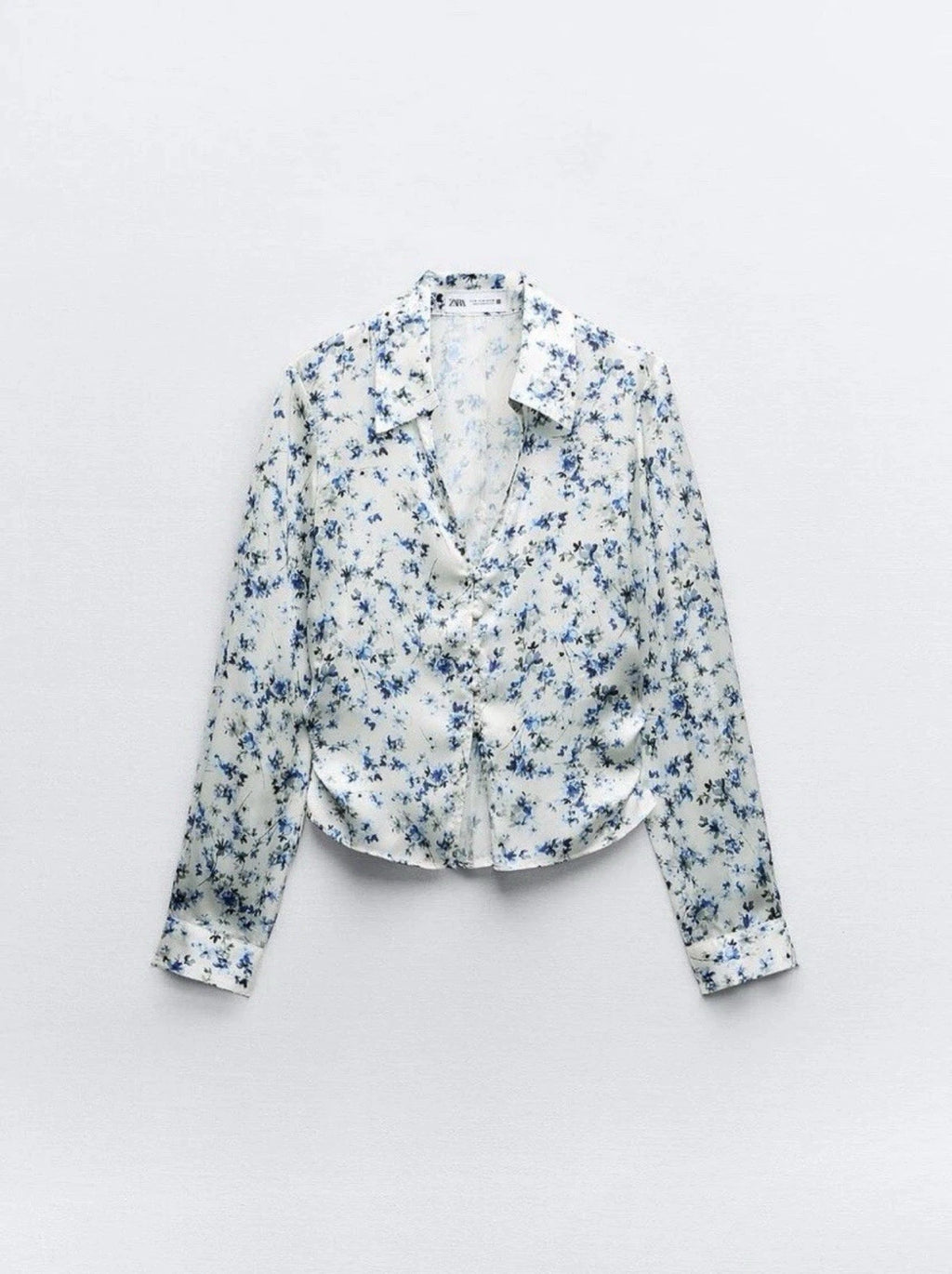 ZARA Blue White Floral Satin Fitted Shirt Blouse Size S 2580/126