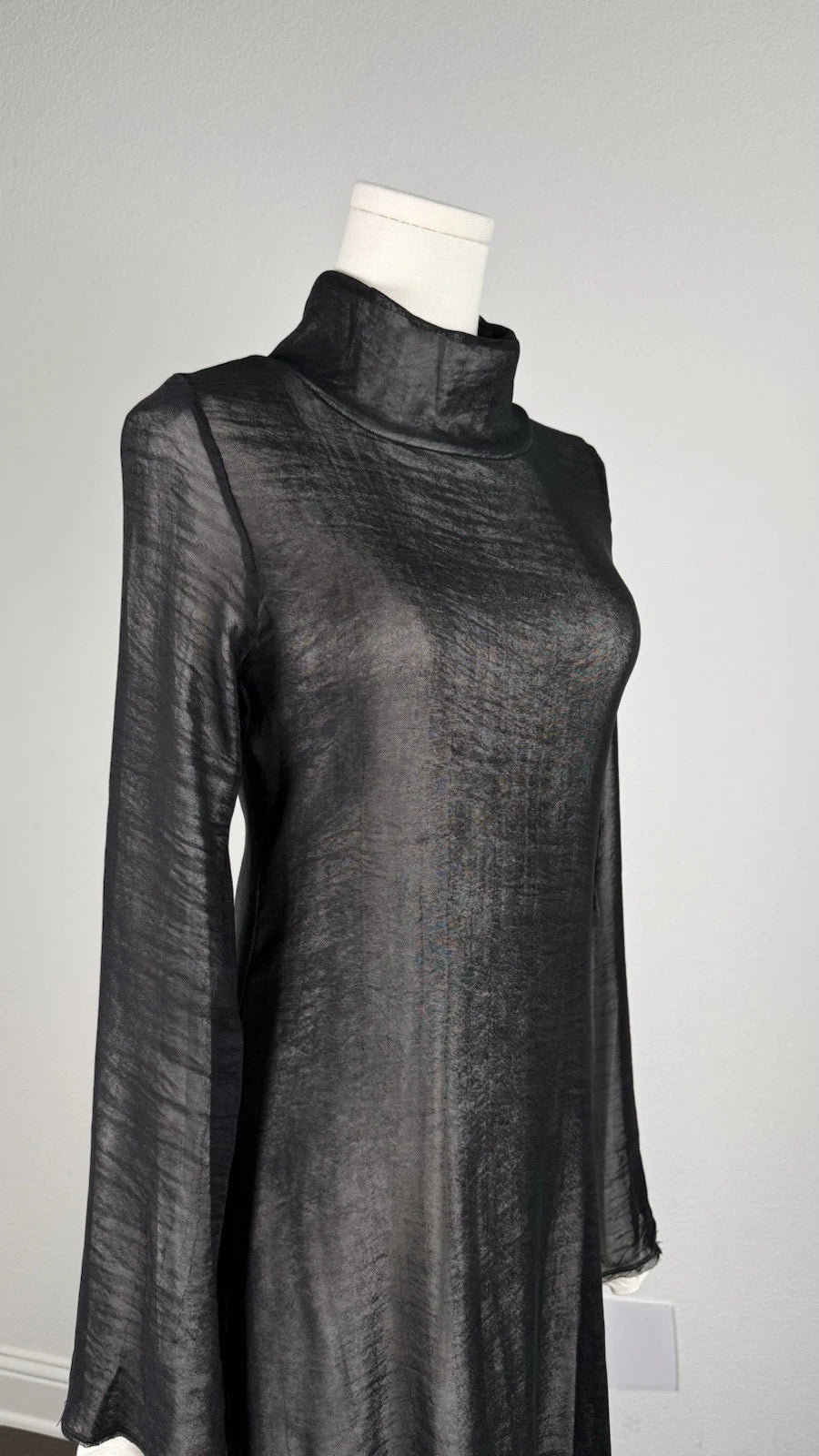 ZARA Black Turtleneck Sheer Lined Maxi Dress Bell Sleeve Size S 2298/001/064