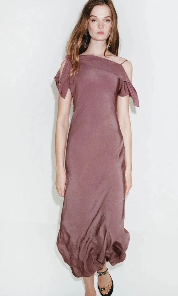 ZARA Women’s Mauve One-Shoulder Ruffle Satin Maxi Dress Open Back Size S&M