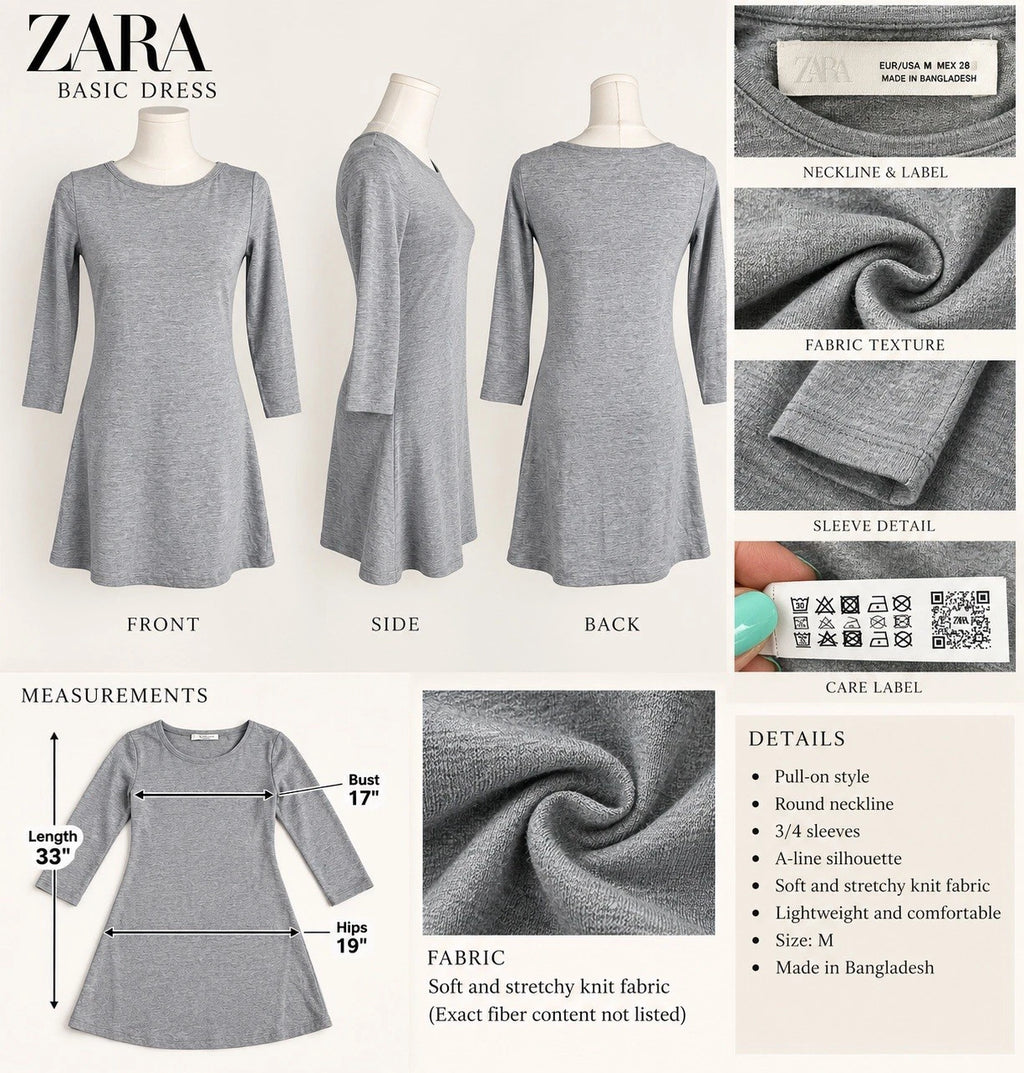 ZARA Gray Solid A-Line Mini Dress Round Neck 3/4 Sleeve Knit Stretch Size M
