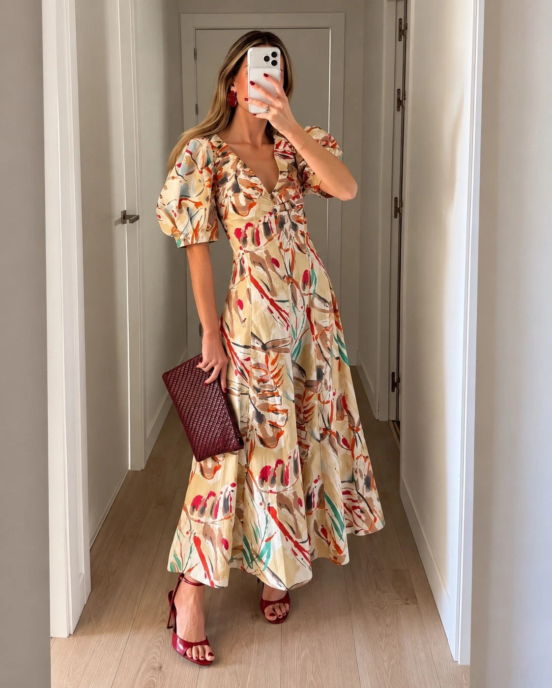 Women’s Floral V-Neck Puff Sleeve Midi Dress Woven Viscose Zip Ruffle Size S