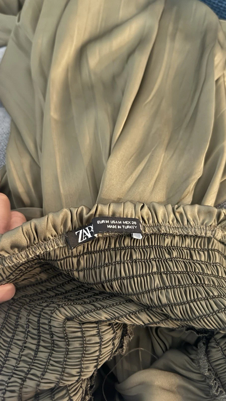 ZARA Women’s Olive Green Smocked Pleated Maxi Dress Tie Straps Size M