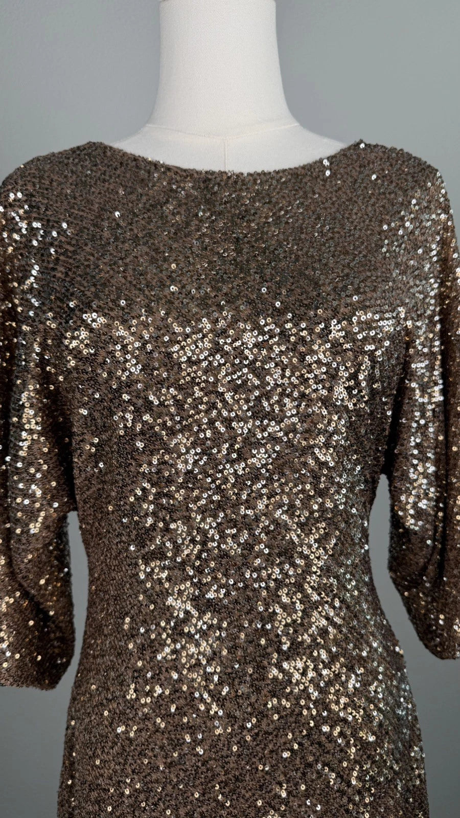 ZARA Women’s Gold Sequin Lined Open Back Mini Shift Dress 3/4 Sleeve Size L