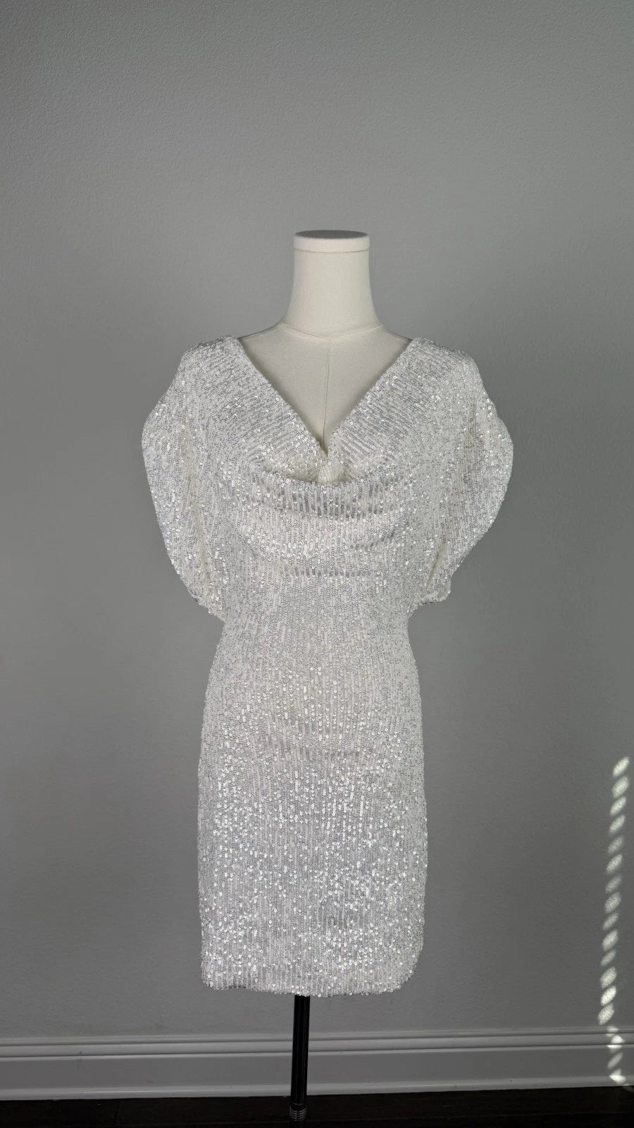 ZARA Sequin Cowl Neck Puff Sleeve Mini Dress White Size XS 4772/358/250