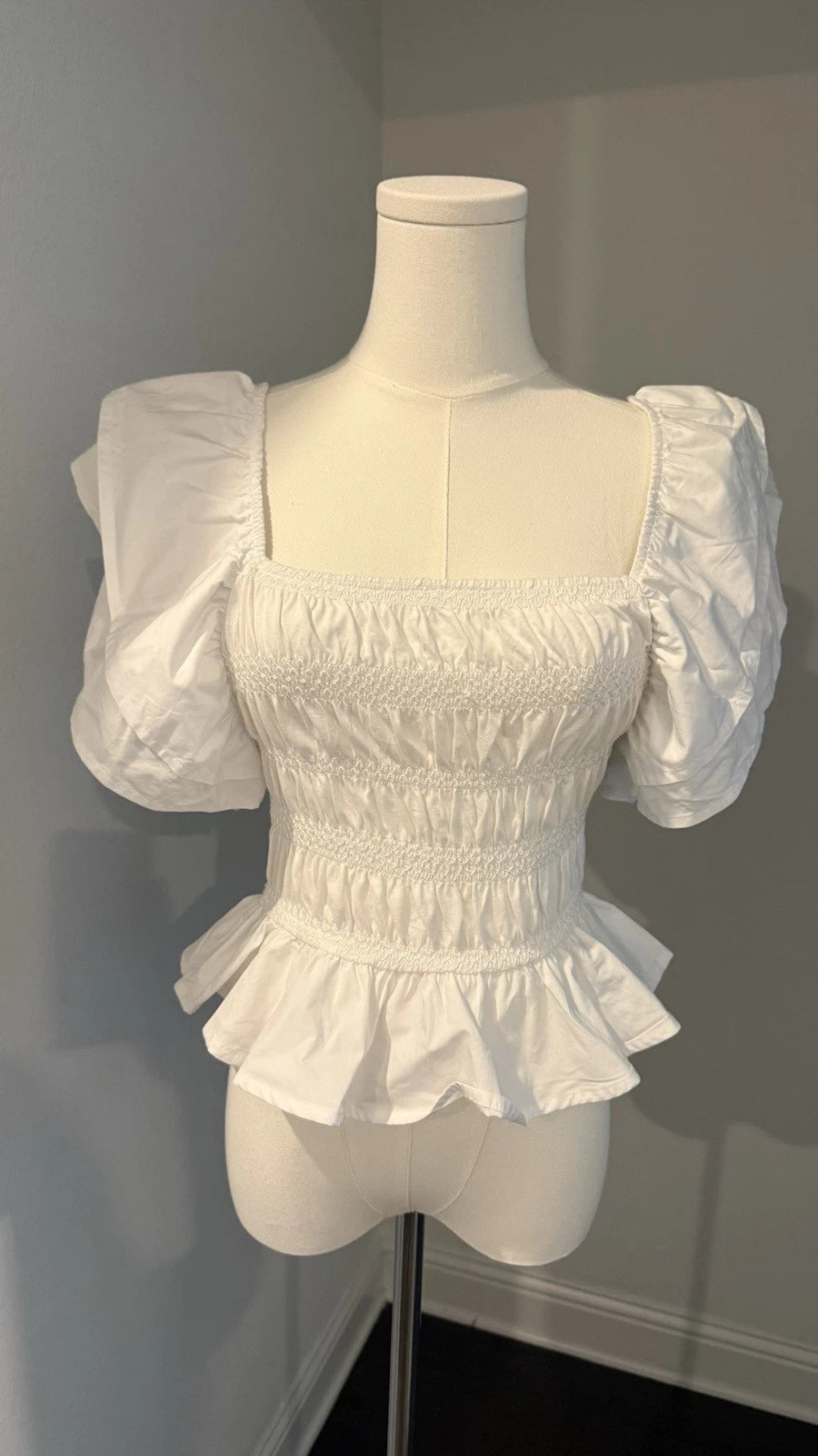 ZARA White Smocked Peplum Top Size M Square Neck Ruffle Sleeve NWT