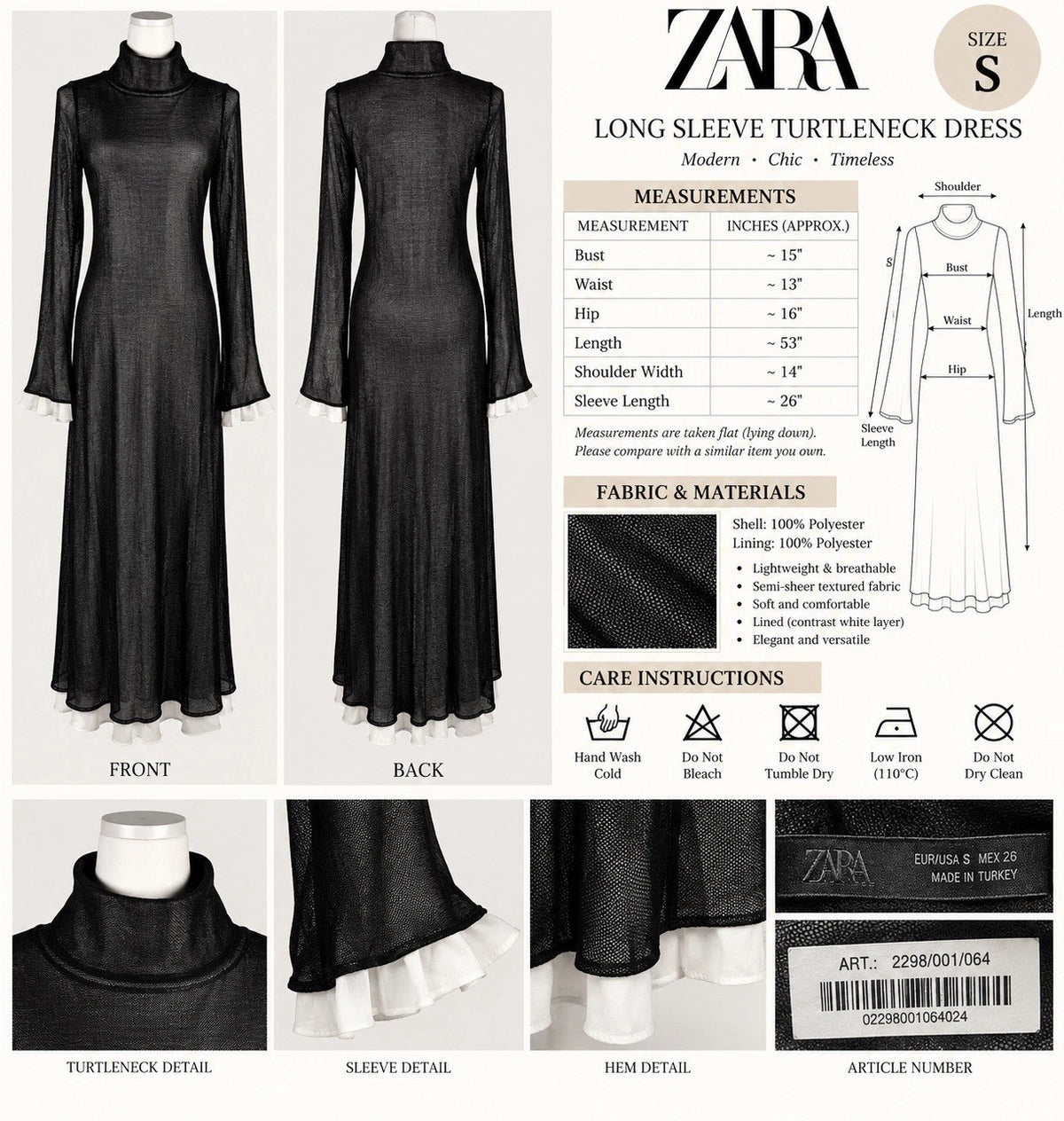 ZARA Black Turtleneck Sheer Lined Maxi Dress Bell Sleeve Size S 2298/001/064