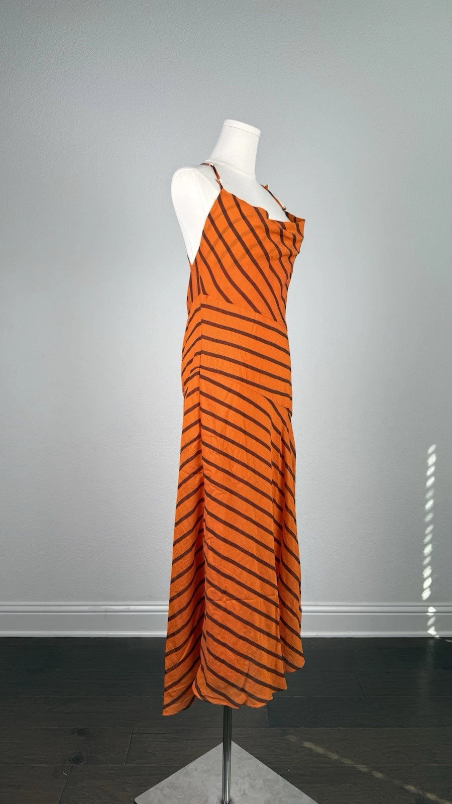 Women’s Orange Black Striped Cowl Neck Backless Maxi Dress Side Slit Size M