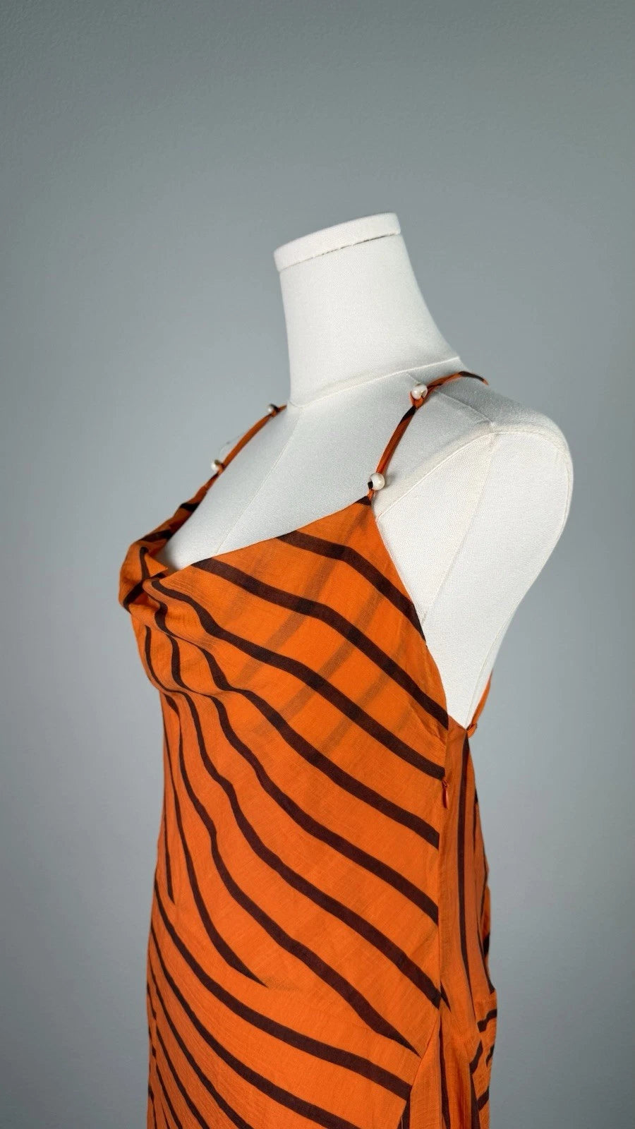 Women’s Orange Black Striped Cowl Neck Backless Maxi Dress Side Slit Size M