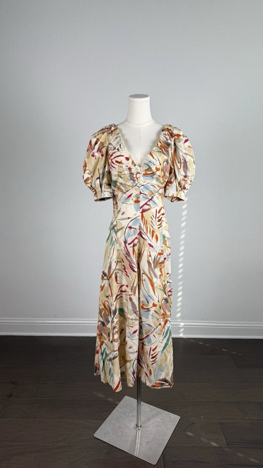 Women’s Floral V-Neck Puff Sleeve Midi Dress Woven Viscose Zip Ruffle Size S