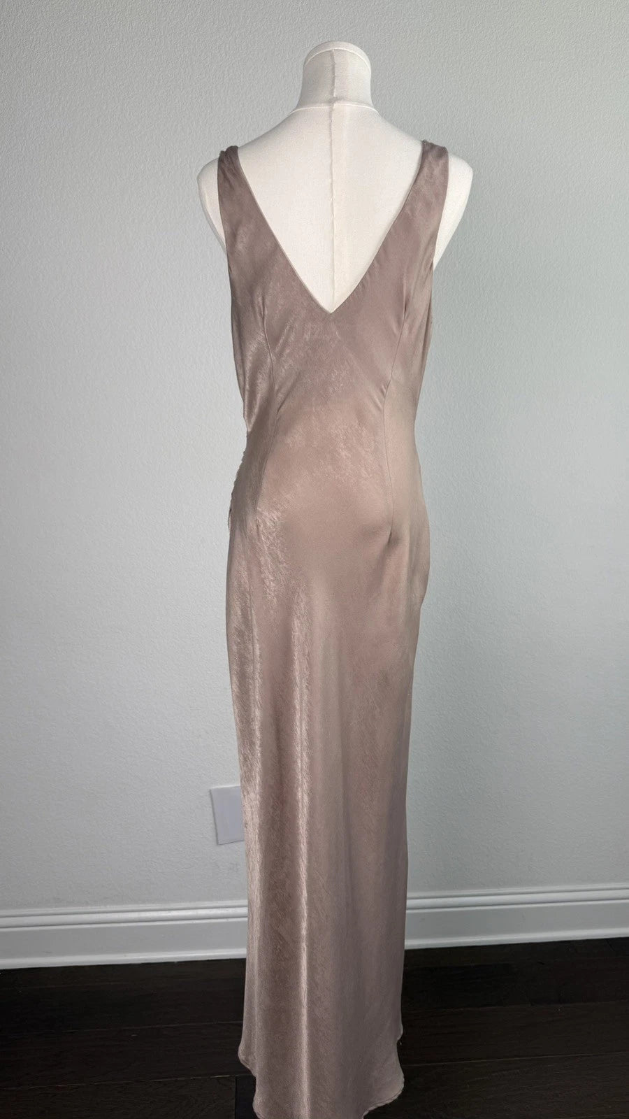 ZARA Draped Satin Midi Dress Size M Taupe Beige Cowl Neck Side Slit