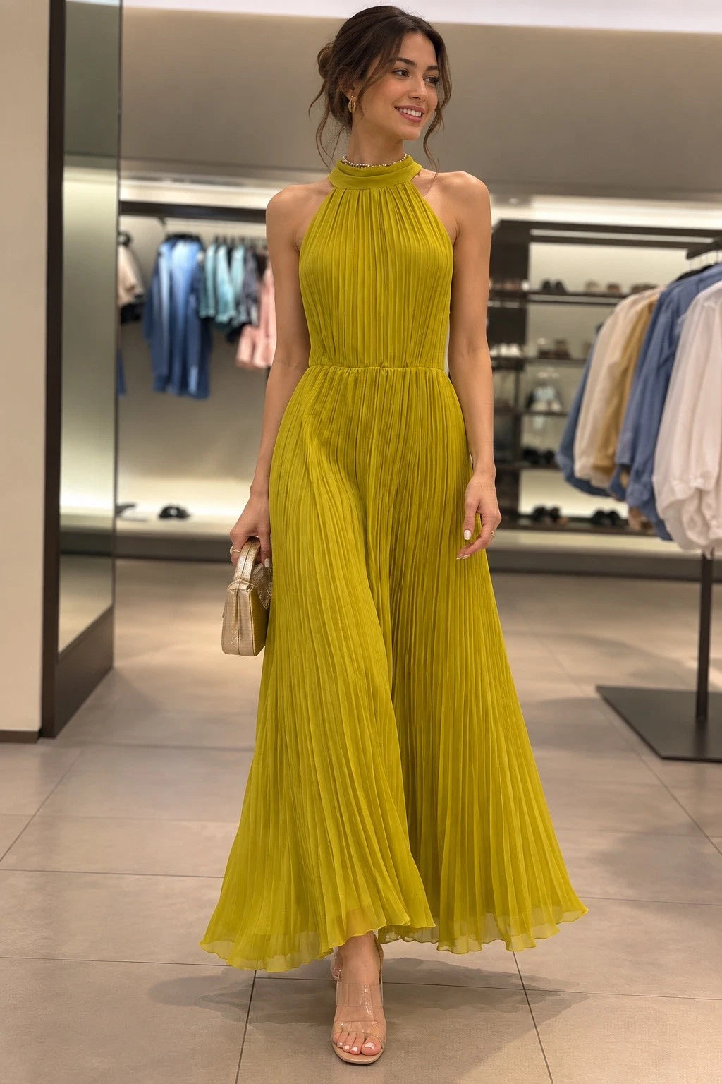 ZARA Yellow Pleated Halter Maxi Dress Bow Tie Chiffon Polyester Size S