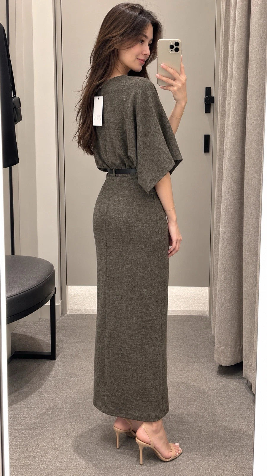 ZARA Green Knit V-Neck Belted Long Sheath Dress Stretch Size S