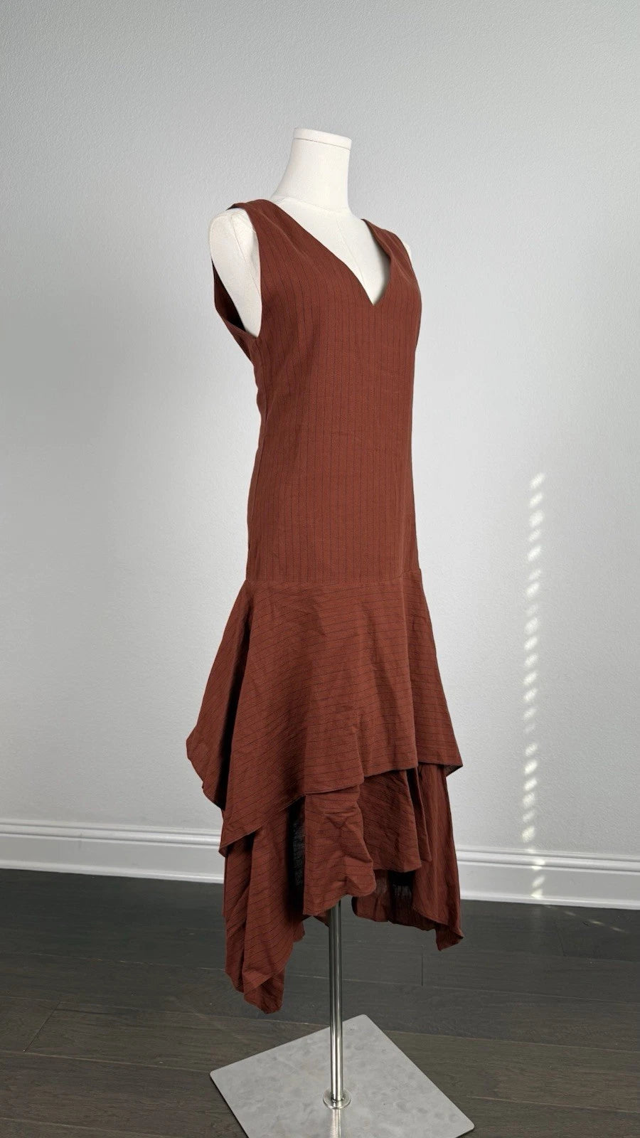 ZARA Brown Striped V-Neck Sleeveless Layered Hem Midi Dress Viscose Size S