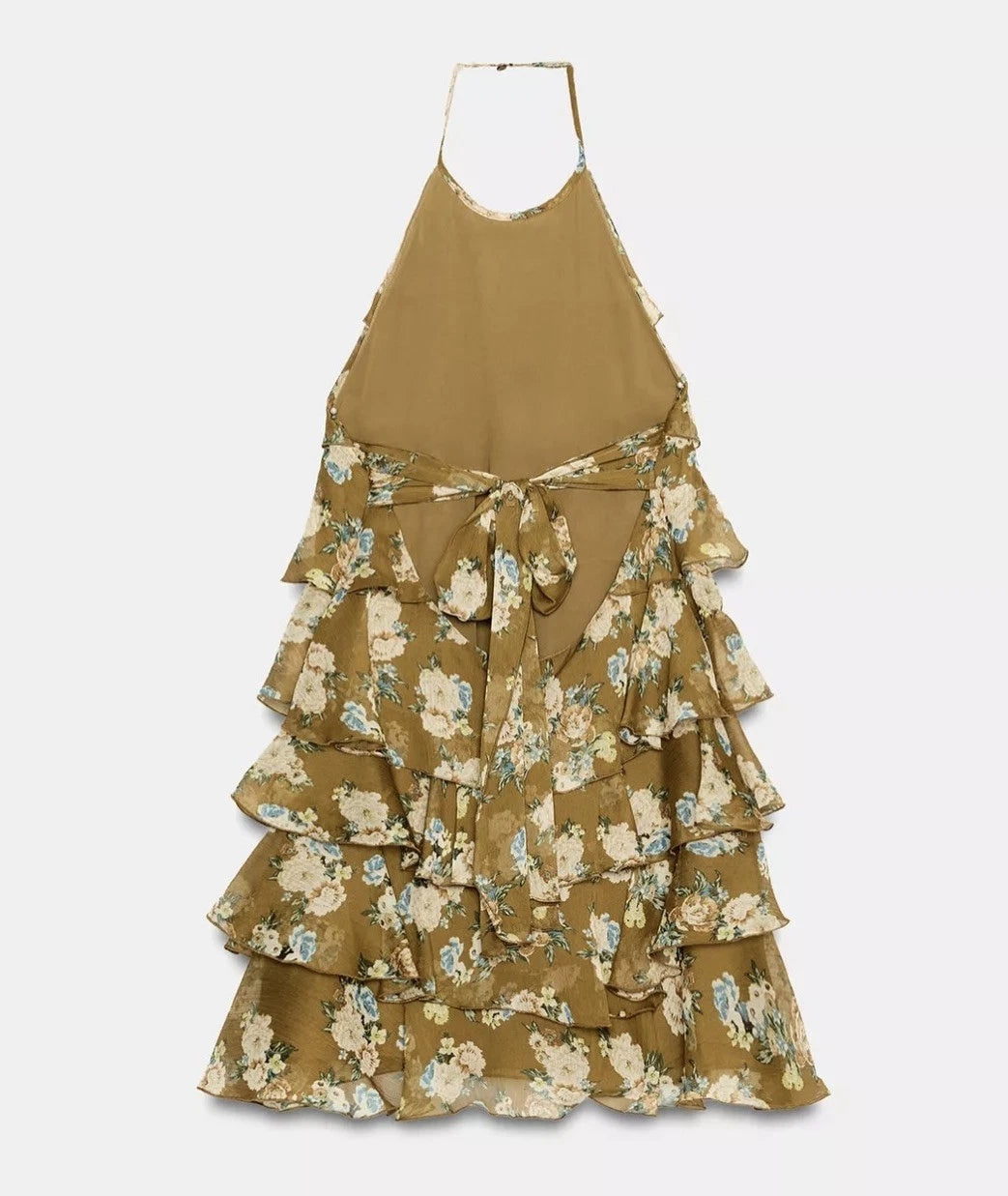 ZARA Floral Ruffle Layered Halter Open Back Lined Mini Dress Size S 2596/466/071