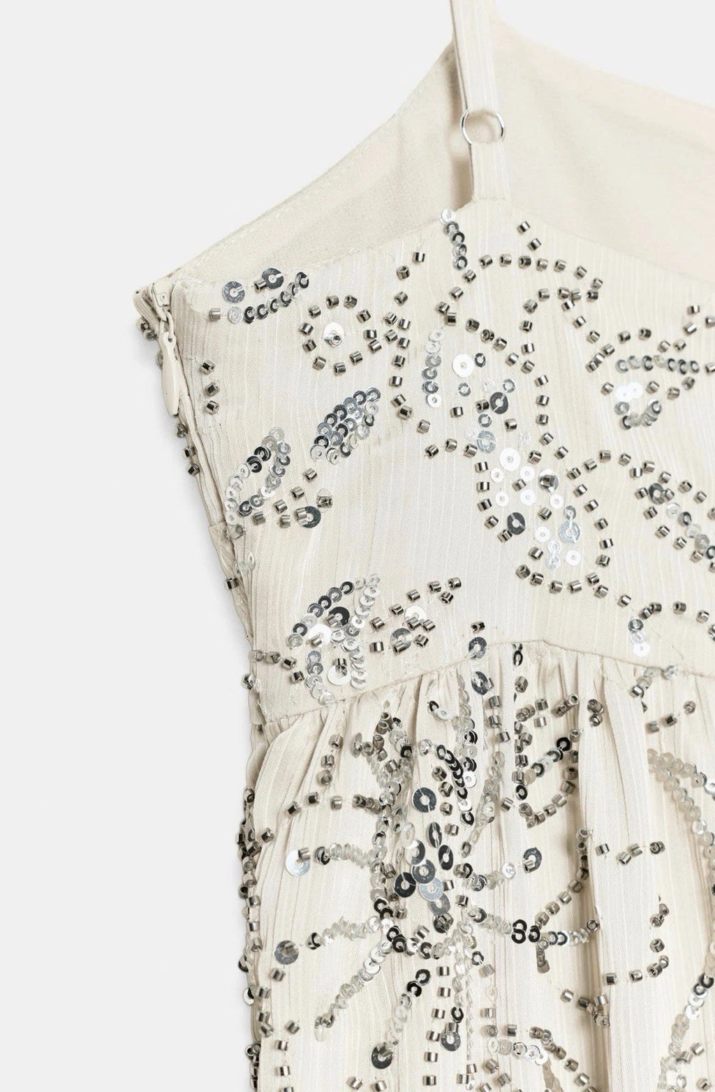ZARA Women's S Champagne Silver Sequin Beaded Floral Mini Slip Dress 4772/366