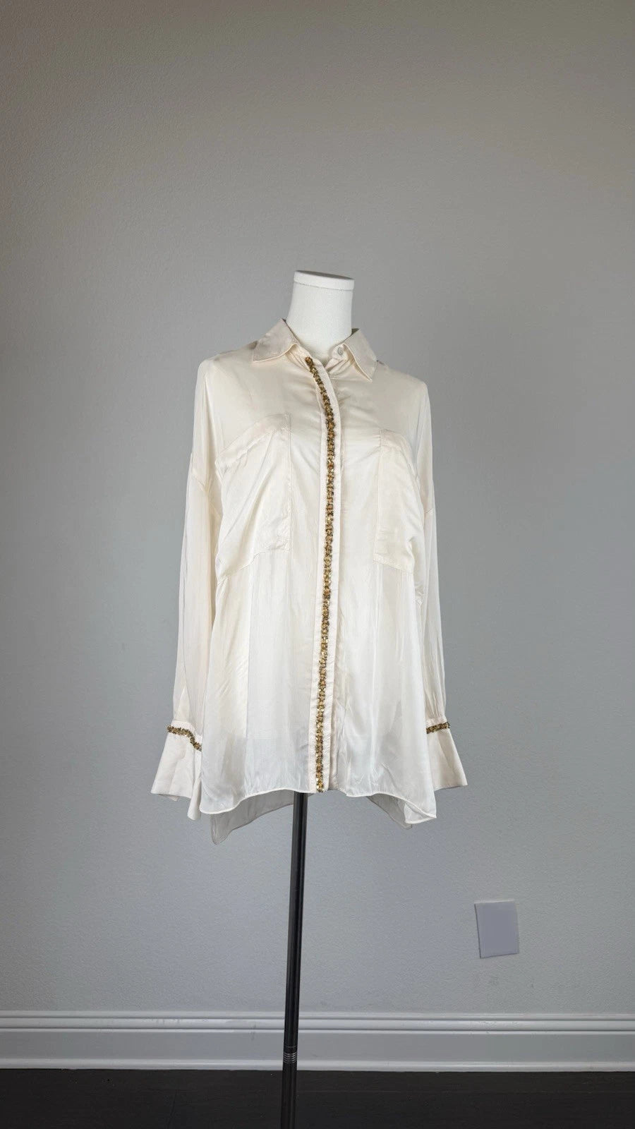 ZARA Women’s Ivory Sheer Collared Button-Up Blouse Viscose Long Sleeve Size S
