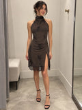 ZARA Brown Floral Halter Mini Dress Lace Lined Side Slit Zip Size S NWT