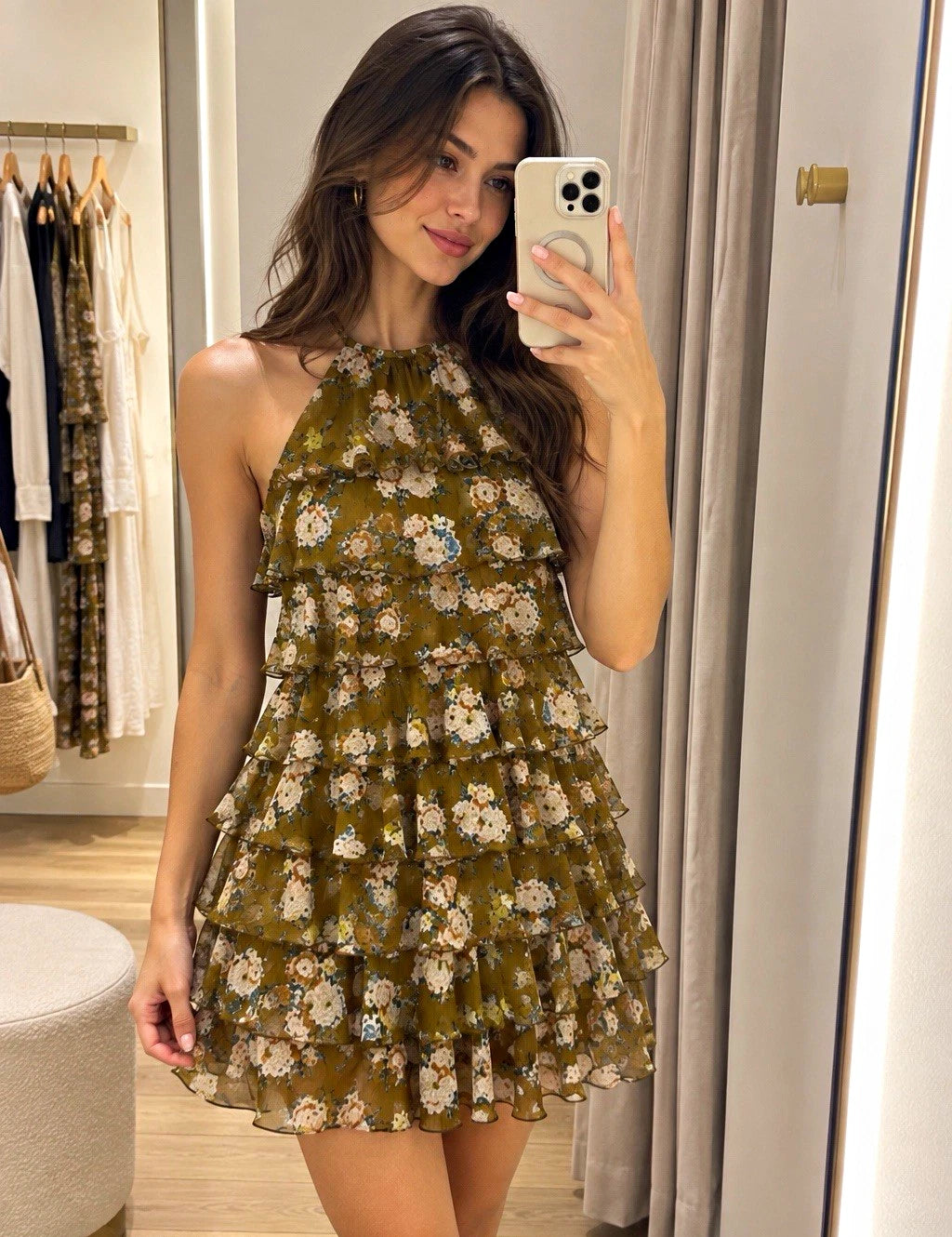 ZARA Floral Ruffle Layered Halter Open Back Lined Mini Dress Size S 2596/466/071