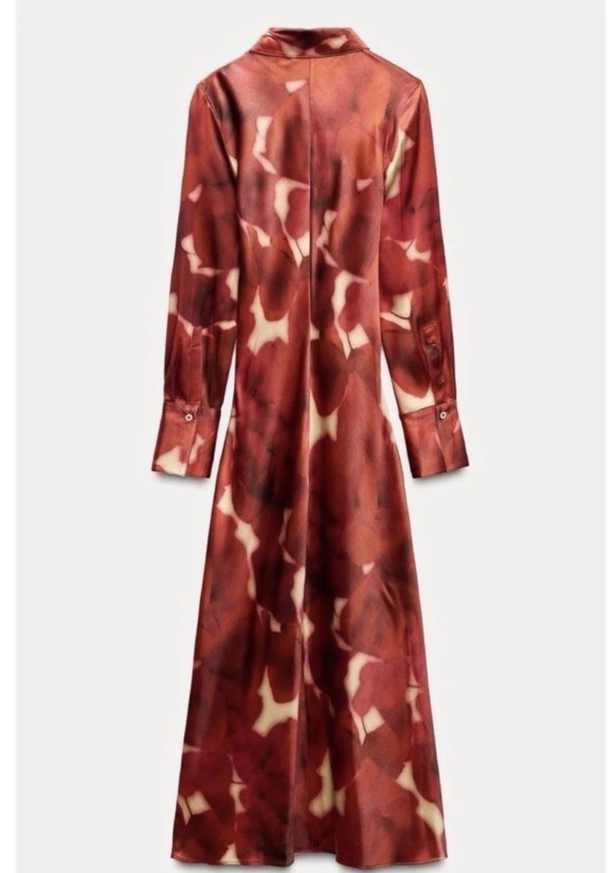 ZARA ZW Collection Red Printed Satin Midi Shirt Dress Size M NWT