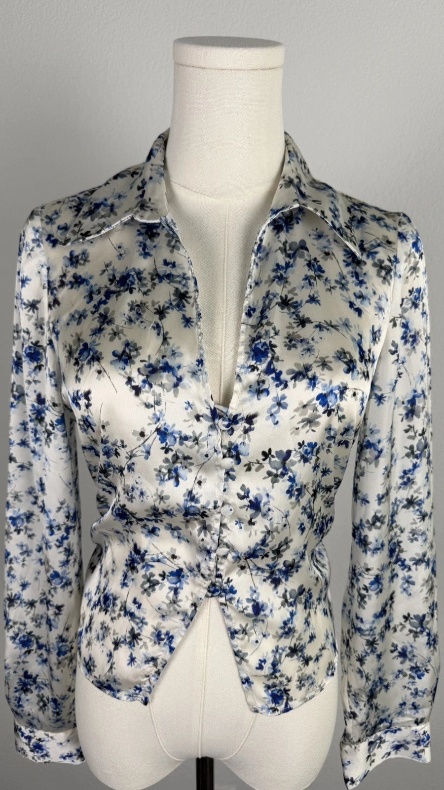 ZARA Blue White Floral Satin Fitted Shirt Blouse Size S 2580/126