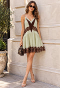 ZARA Green Slip Mini Dress Brown Lace Trim V-Neck Adjustable Straps Size S