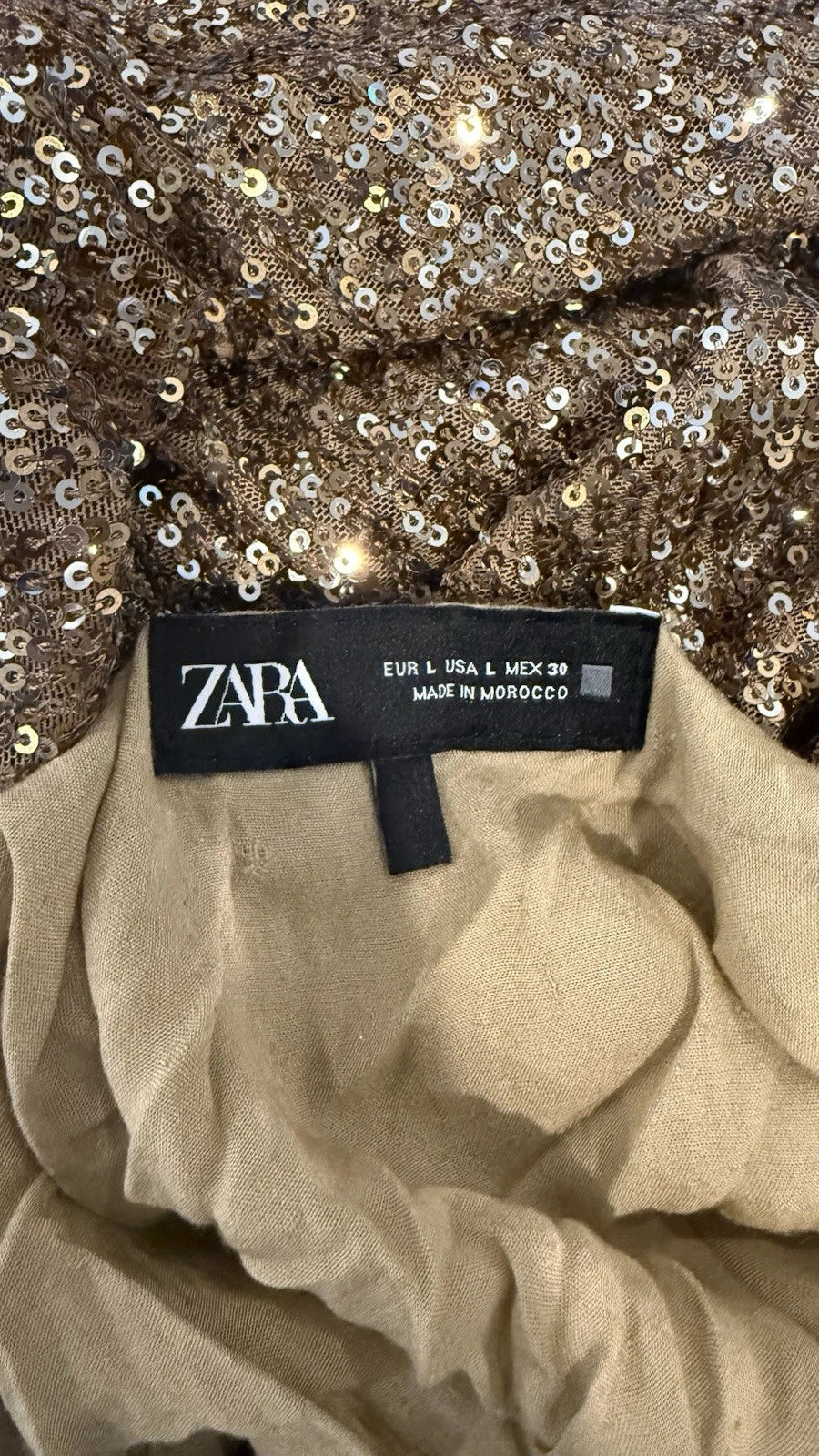 ZARA Women’s Gold Sequin Lined Open Back Mini Shift Dress 3/4 Sleeve Size L