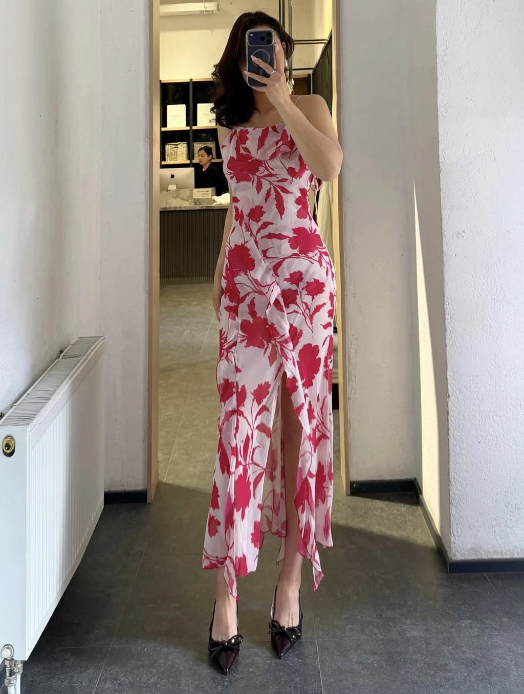 ZARA White Red Floral Chiffon Maxi Dress Square Neck Ruffle Back Tie Size S
