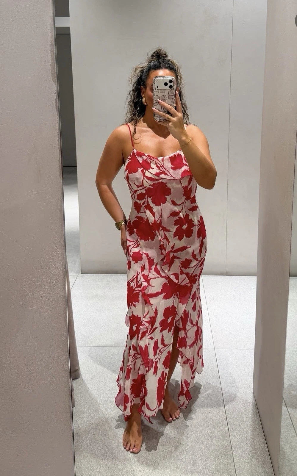 ZARA White Red Floral Chiffon Maxi Dress Square Neck Ruffle Back Tie Size S