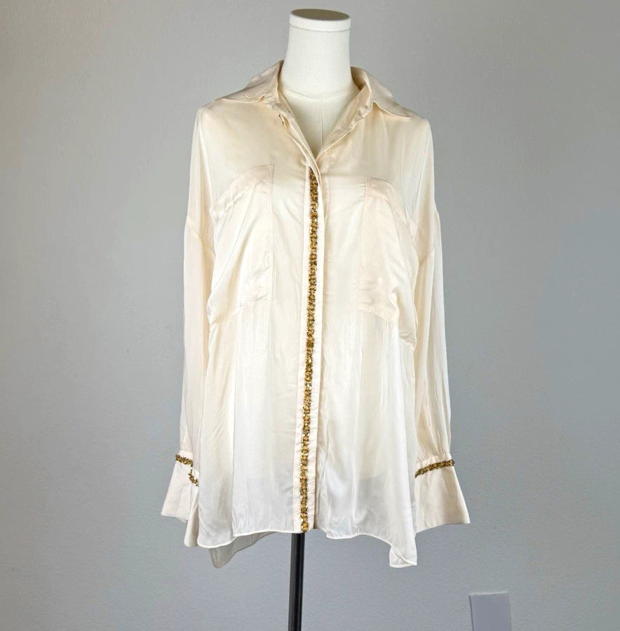 ZARA Women’s Ivory Sheer Collared Button-Up Blouse Viscose Long Sleeve Size S