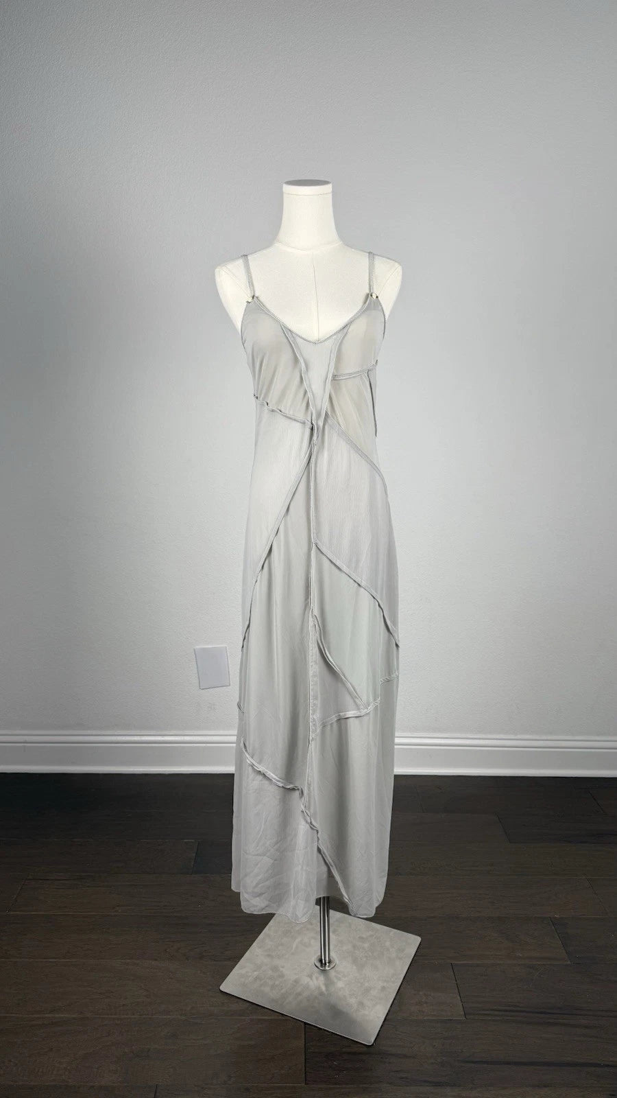 ZARA Gray Satin V-Neck Slip Maxi Dress Spaghetti Straps Size S 1223/017/425