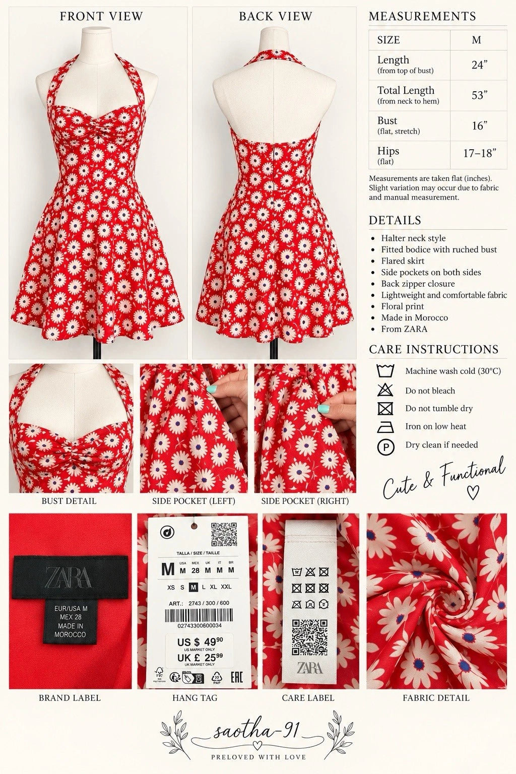 ZARA Red/White Floral Halter Sweetheart Ruched Mini Dress Pockets Size M