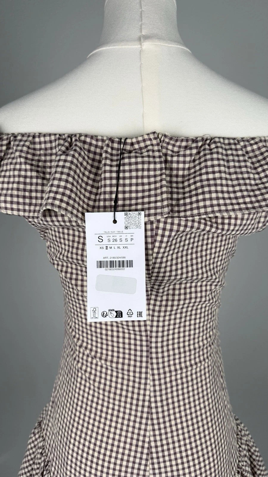 ZARA Brown/White Gingham Off Shoulder Ruffle Lined Mini Dress Size S 2180
